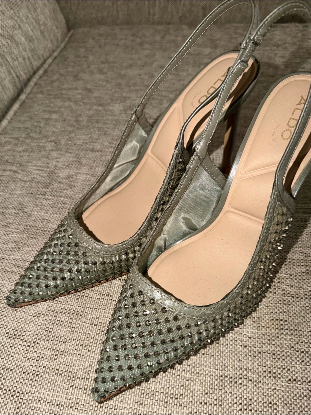 Aldo Olive Green Embellished Pointed Toe Slingback Heels